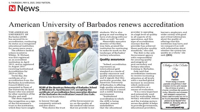 American University of Barbados (AUB) has secured its reaccreditation